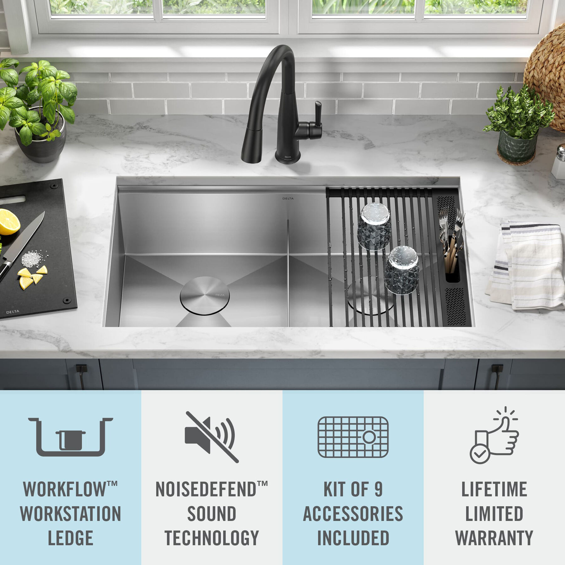 33” Workstation Kitchen Sink Undermount 16 Gauge Stainless Steel 50/50 Double Bowl with WorkFlow™ Ledge and Accessories, image 18